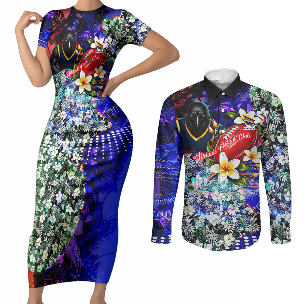 Personalized Adelaide Crow Football Couples Matching Short Sleeve Bodycon Dress and Long Sleeve Button Shirt Tropical Hibiscus Flowers - Pacific Fusion Style