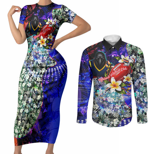 Personalized Adelaide Crow Football Couples Matching Short Sleeve Bodycon Dress and Long Sleeve Button Shirt Tropical Hibiscus Flowers - Pacific Fusion Style