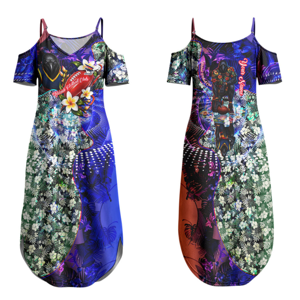Personalized Adelaide Crow Football Couples Matching Summer Maxi Dress and Long Sleeve Button Shirt Tropical Hibiscus Flowers - Pacific Fusion Style