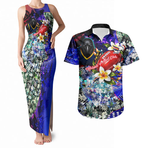 Personalized Adelaide Crow Football Couples Matching Tank Maxi Dress and Hawaiian Shirt Tropical Hibiscus Flowers - Pacific Fusion Style
