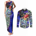 Personalized Adelaide Crow Football Couples Matching Tank Maxi Dress and Long Sleeve Button Shirt Tropical Hibiscus Flowers - Pacific Fusion Style