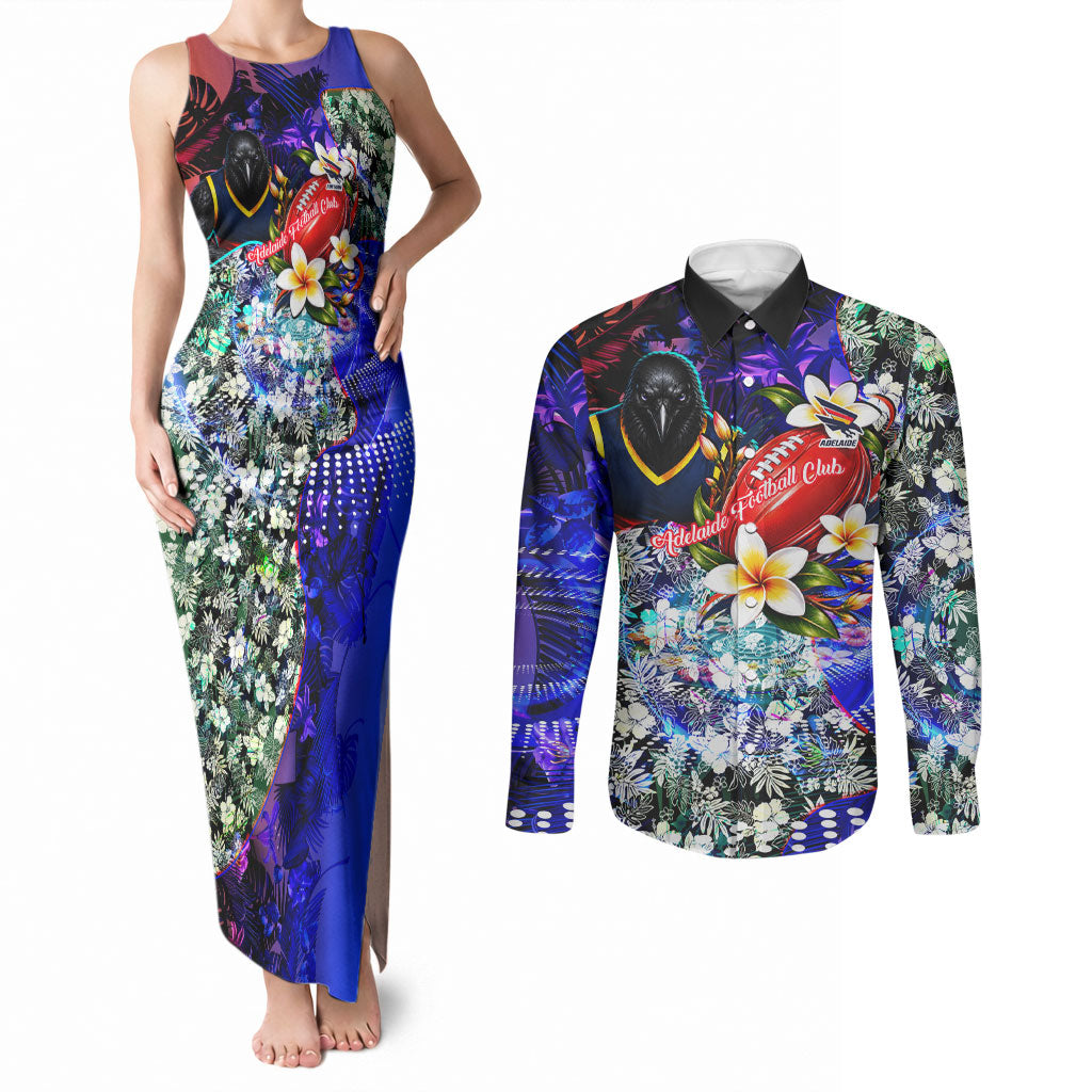 Personalized Adelaide Crow Football Couples Matching Tank Maxi Dress and Long Sleeve Button Shirt Tropical Hibiscus Flowers - Pacific Fusion Style