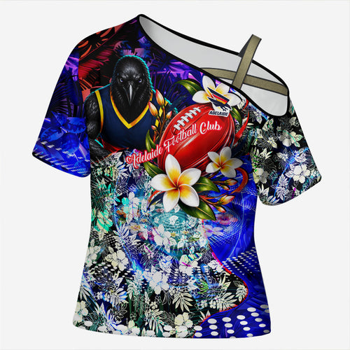 Personalized Adelaide Crow Football Cross Shoulder Shirt Tropical Hibiscus Flowers - Pacific Fusion Style