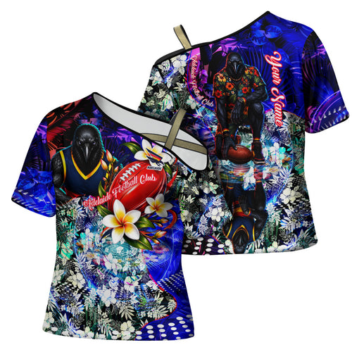 Personalized Adelaide Crow Football Cross Shoulder Shirt Tropical Hibiscus Flowers - Pacific Fusion Style