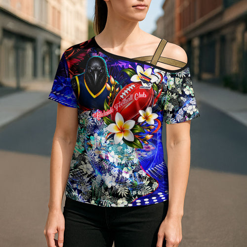 Personalized Adelaide Crow Football Cross Shoulder Shirt Tropical Hibiscus Flowers - Pacific Fusion Style