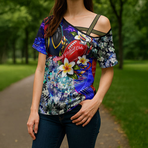 Personalized Adelaide Crow Football Cross Shoulder Shirt Tropical Hibiscus Flowers - Pacific Fusion Style