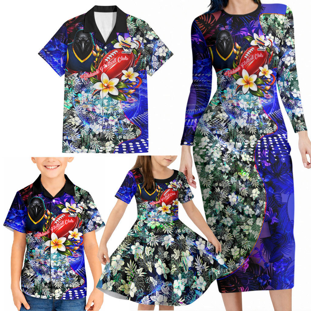 Personalized Adelaide Crow Football Family Matching Long Sleeve Bodycon Dress and Hawaiian Shirt Tropical Hibiscus Flowers - Pacific Fusion Style