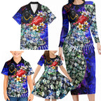 Personalized Adelaide Crow Football Family Matching Long Sleeve Bodycon Dress and Hawaiian Shirt Tropical Hibiscus Flowers - Pacific Fusion Style