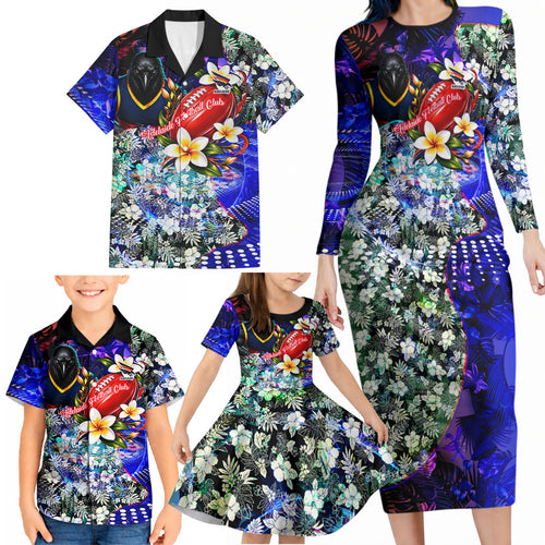 Personalized Adelaide Crow Football Family Matching Long Sleeve Bodycon Dress and Hawaiian Shirt Tropical Hibiscus Flowers - Pacific Fusion Style