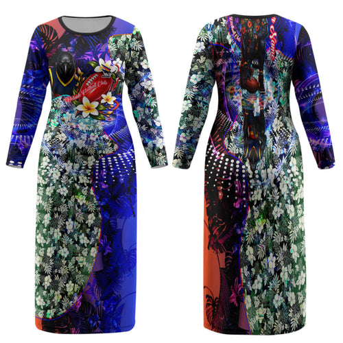Personalized Adelaide Crow Football Family Matching Long Sleeve Bodycon Dress and Hawaiian Shirt Tropical Hibiscus Flowers - Pacific Fusion Style
