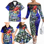 Personalized Adelaide Crow Football Family Matching Off The Shoulder Long Sleeve Dress and Hawaiian Shirt Tropical Hibiscus Flowers - Pacific Fusion Style