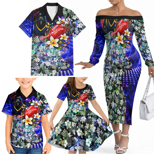 Personalized Adelaide Crow Football Family Matching Off The Shoulder Long Sleeve Dress and Hawaiian Shirt Tropical Hibiscus Flowers - Pacific Fusion Style