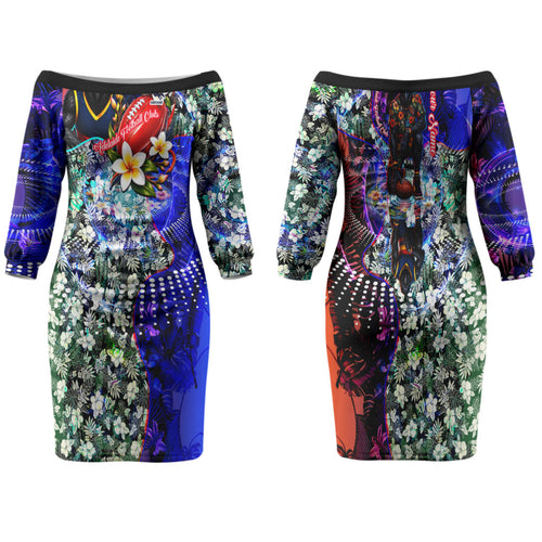 Personalized Adelaide Crow Football Family Matching Off The Shoulder Long Sleeve Dress and Hawaiian Shirt Tropical Hibiscus Flowers - Pacific Fusion Style