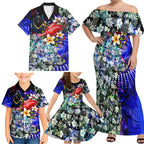 Personalized Adelaide Crow Football Family Matching Off Shoulder Maxi Dress and Hawaiian Shirt Tropical Hibiscus Flowers - Pacific Fusion Style