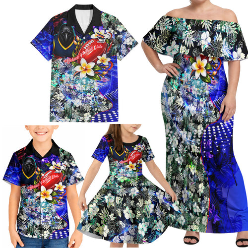 Personalized Adelaide Crow Football Family Matching Off Shoulder Maxi Dress and Hawaiian Shirt Tropical Hibiscus Flowers - Pacific Fusion Style