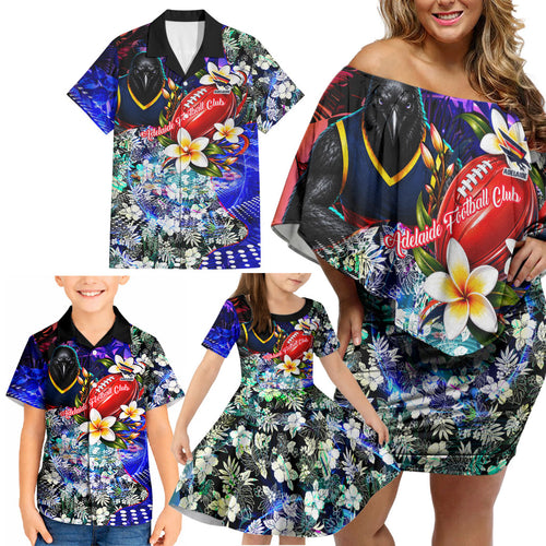 Personalized Adelaide Crow Football Family Matching Off Shoulder Short Dress and Hawaiian Shirt Tropical Hibiscus Flowers - Pacific Fusion Style