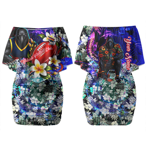 Personalized Adelaide Crow Football Family Matching Off Shoulder Short Dress and Hawaiian Shirt Tropical Hibiscus Flowers - Pacific Fusion Style