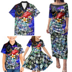 Personalized Adelaide Crow Football Family Matching Puletasi and Hawaiian Shirt Tropical Hibiscus Flowers - Pacific Fusion Style