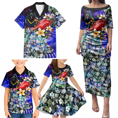 Personalized Adelaide Crow Football Family Matching Puletasi and Hawaiian Shirt Tropical Hibiscus Flowers - Pacific Fusion Style