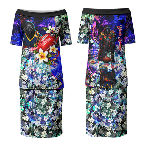 Personalized Adelaide Crow Football Family Matching Puletasi and Hawaiian Shirt Tropical Hibiscus Flowers - Pacific Fusion Style