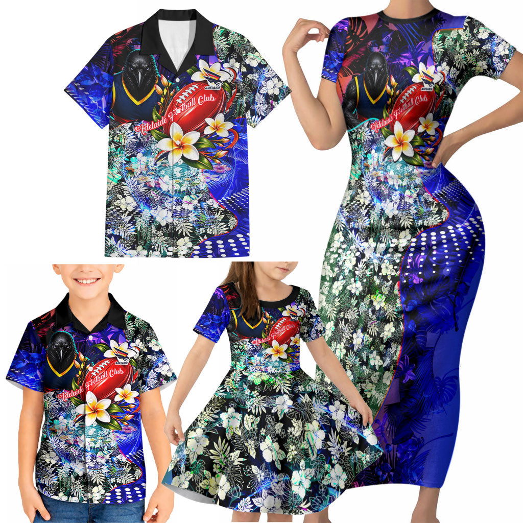 Personalized Adelaide Crow Football Family Matching Short Sleeve Bodycon Dress and Hawaiian Shirt Tropical Hibiscus Flowers - Pacific Fusion Style