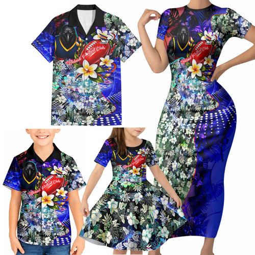 Personalized Adelaide Crow Football Family Matching Short Sleeve Bodycon Dress and Hawaiian Shirt Tropical Hibiscus Flowers - Pacific Fusion Style