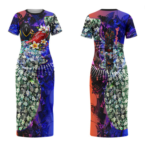 Personalized Adelaide Crow Football Family Matching Short Sleeve Bodycon Dress and Hawaiian Shirt Tropical Hibiscus Flowers - Pacific Fusion Style
