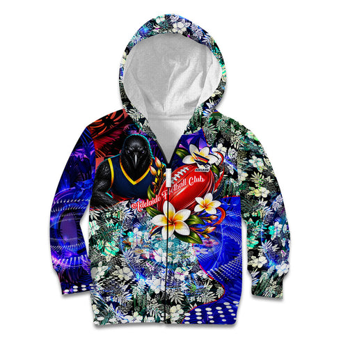 Personalized Adelaide Crow Football Kid Hoodie Tropical Hibiscus Flowers - Pacific Fusion Style