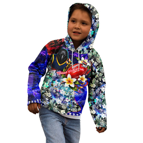 Personalized Adelaide Crow Football Kid Hoodie Tropical Hibiscus Flowers - Pacific Fusion Style