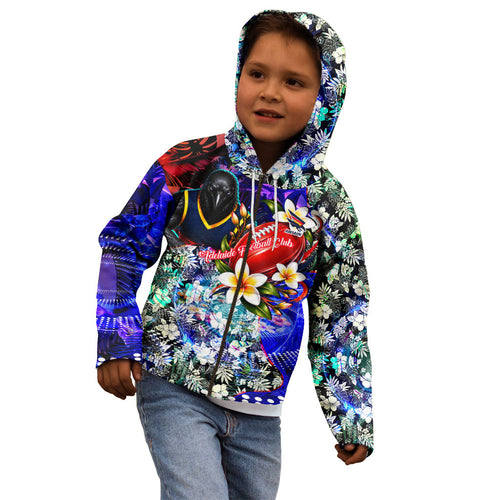 Personalized Adelaide Crow Football Kid Hoodie Tropical Hibiscus Flowers - Pacific Fusion Style