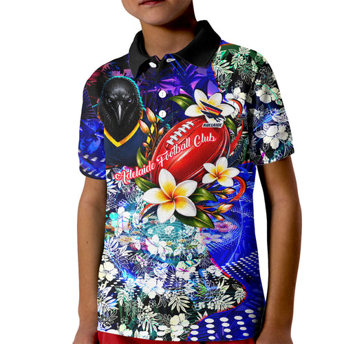 Personalized Adelaide Crow Football Kid Polo Shirt Tropical Hibiscus Flowers - Pacific Fusion Style
