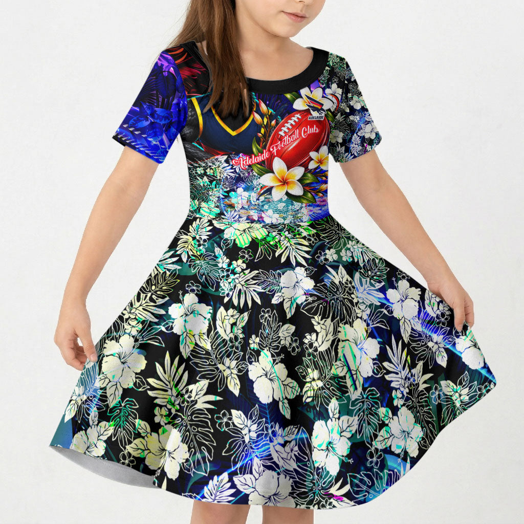 Personalized Adelaide Crow Football Kid Short Sleeve Dress Tropical Hibiscus Flowers - Pacific Fusion Style