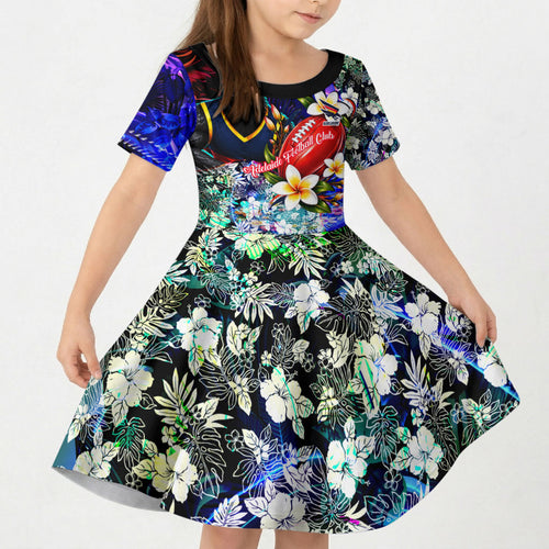 Personalized Adelaide Crow Football Kid Short Sleeve Dress Tropical Hibiscus Flowers - Pacific Fusion Style