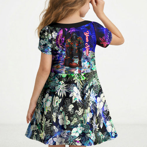 Personalized Adelaide Crow Football Kid Short Sleeve Dress Tropical Hibiscus Flowers - Pacific Fusion Style