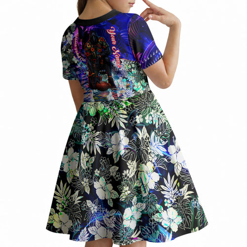 Personalized Adelaide Crow Football Kid Short Sleeve Dress Tropical Hibiscus Flowers - Pacific Fusion Style