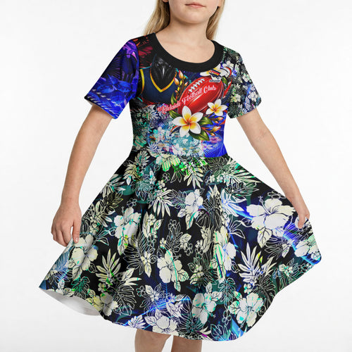 Personalized Adelaide Crow Football Kid Short Sleeve Dress Tropical Hibiscus Flowers - Pacific Fusion Style