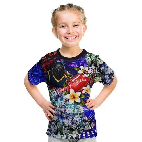 Personalized Adelaide Crow Football Kid T Shirt Tropical Hibiscus Flowers - Pacific Fusion Style