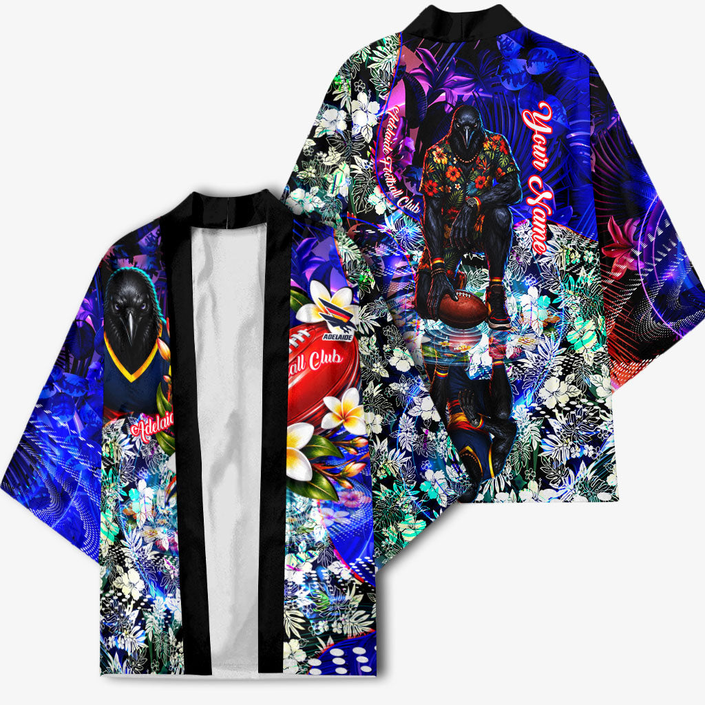 Personalized Adelaide Crow Football Kimono Tropical Hibiscus Flowers - Pacific Fusion Style