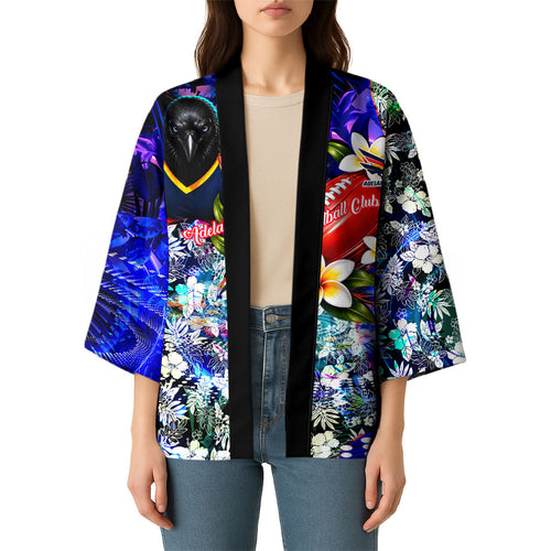 Personalized Adelaide Crow Football Kimono Tropical Hibiscus Flowers - Pacific Fusion Style