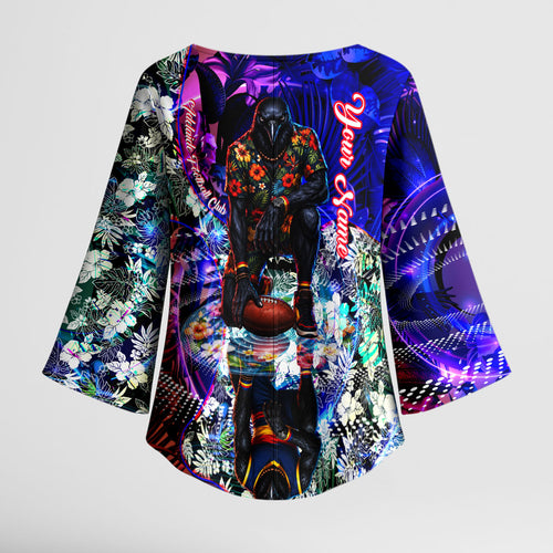 Personalized Adelaide Crow Football Kimono Sleeve Blouse Tropical Hibiscus Flowers - Pacific Fusion Style