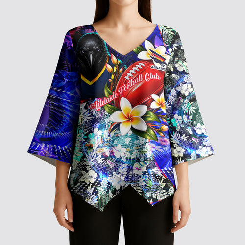 Personalized Adelaide Crow Football Kimono Sleeve Blouse Tropical Hibiscus Flowers - Pacific Fusion Style