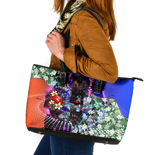 Personalized Adelaide Crow Football Leather Tote Bag Tropical Hibiscus Flowers - Pacific Fusion Style