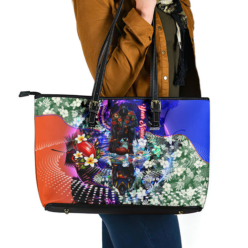 Personalized Adelaide Crow Football Leather Tote Bag Tropical Hibiscus Flowers - Pacific Fusion Style