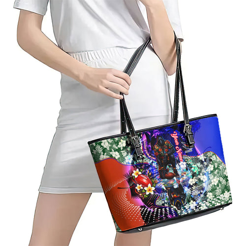 Personalized Adelaide Crow Football Leather Tote Bag Tropical Hibiscus Flowers - Pacific Fusion Style