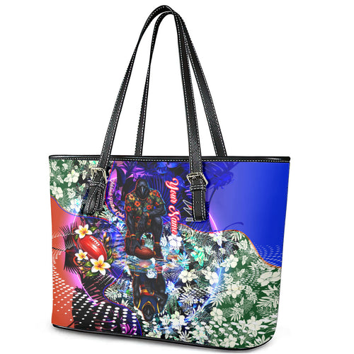Personalized Adelaide Crow Football Leather Tote Bag Tropical Hibiscus Flowers - Pacific Fusion Style