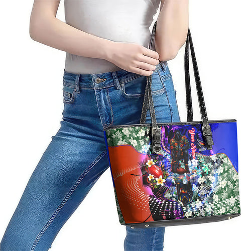 Personalized Adelaide Crow Football Leather Tote Bag Tropical Hibiscus Flowers - Pacific Fusion Style