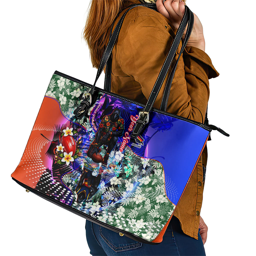 Personalized Adelaide Crow Football Leather Tote Bag Tropical Hibiscus Flowers - Pacific Fusion Style