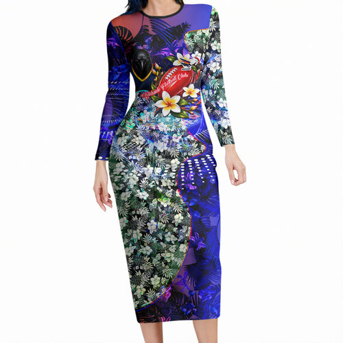 Personalized Adelaide Crow Football Long Sleeve Bodycon Dress Tropical Hibiscus Flowers - Pacific Fusion Style