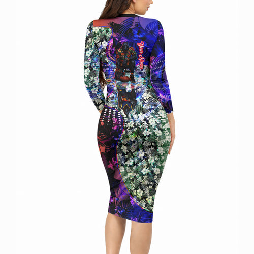 Personalized Adelaide Crow Football Long Sleeve Bodycon Dress Tropical Hibiscus Flowers - Pacific Fusion Style