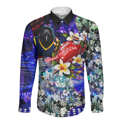Personalized Adelaide Crow Football Long Sleeve Button Shirt Tropical Hibiscus Flowers - Pacific Fusion Style